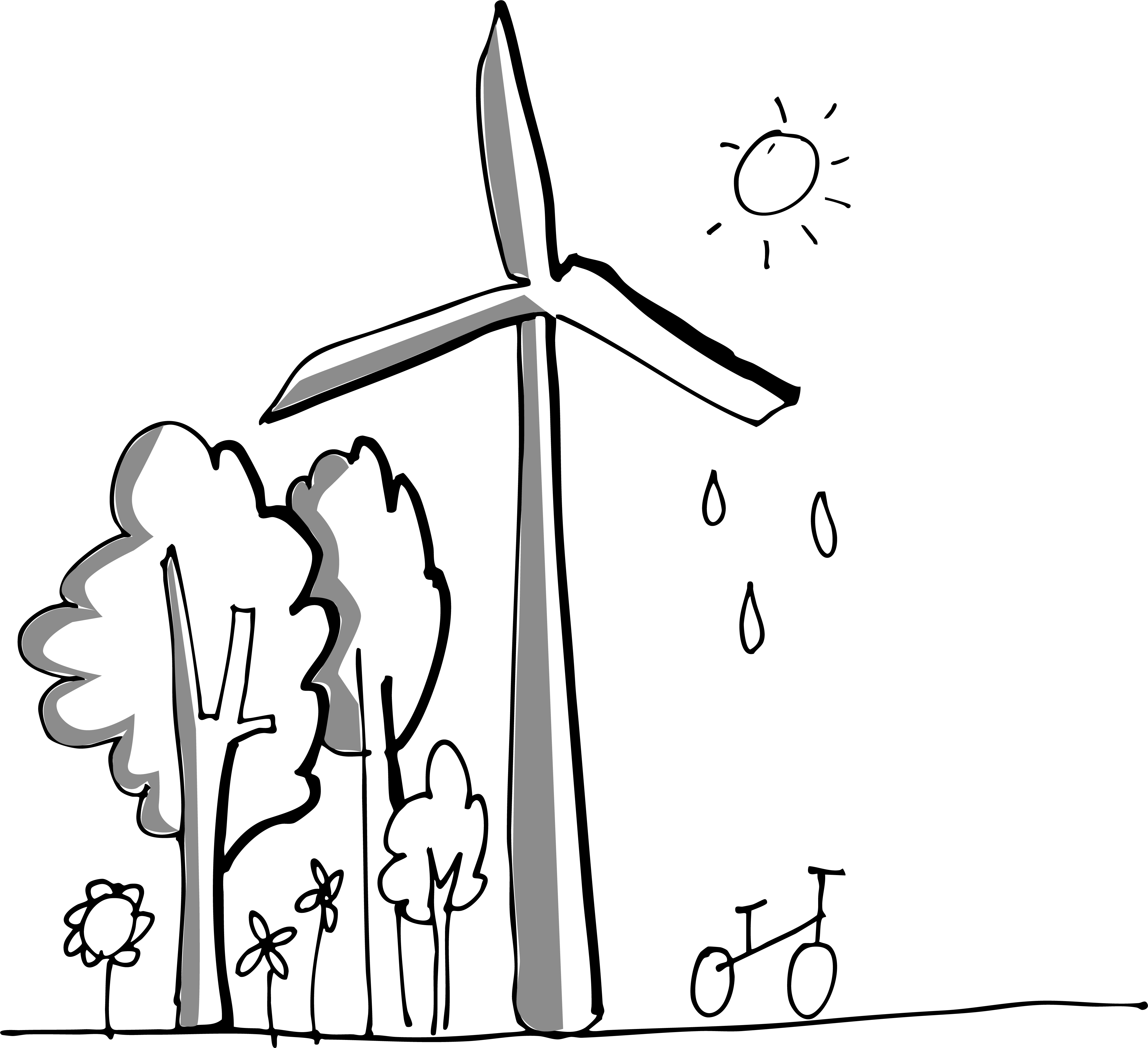 tekening van windmolen, bomen en fiets