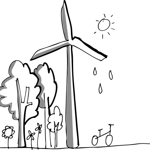 tekening van windmolen, bomen en fiets