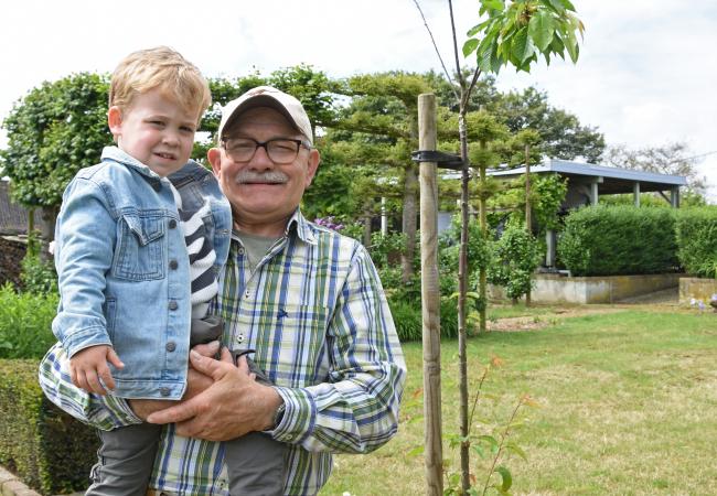 Man met kleinzoon naast boom